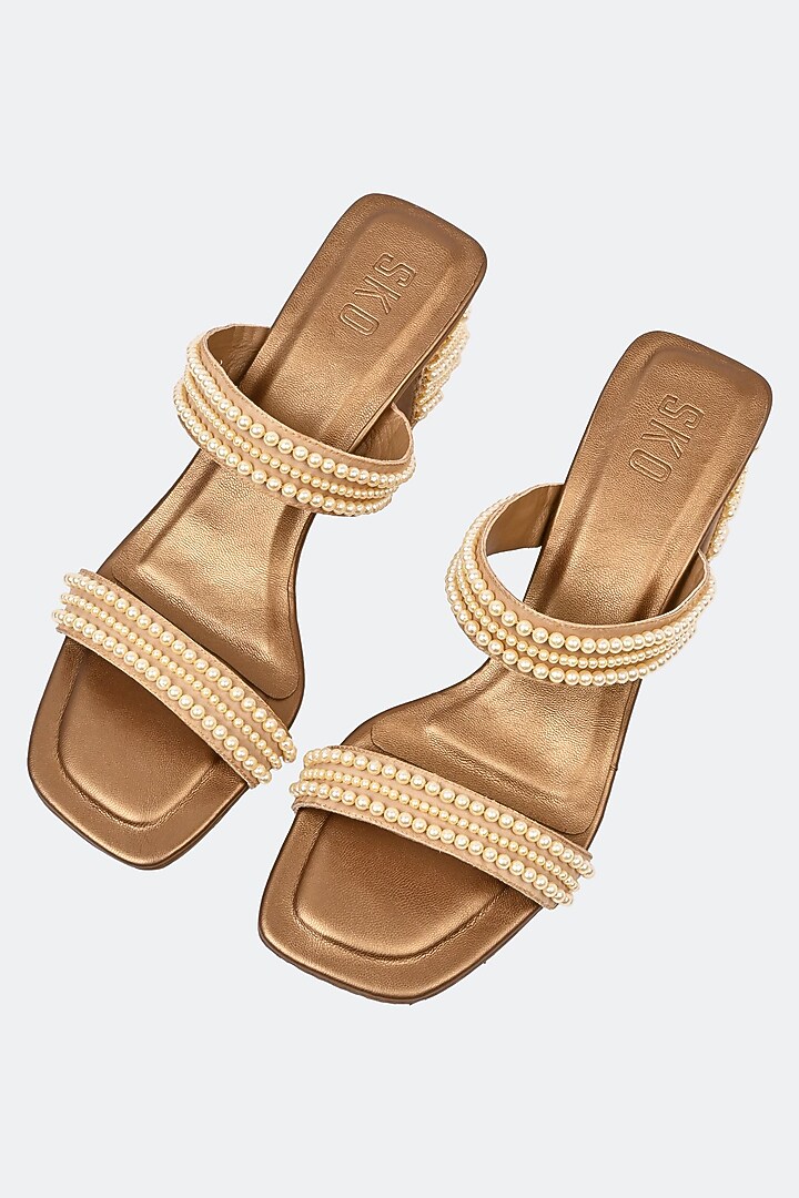 Brown Leather Pearl Hand Embroidered Heels by SKO at Pernia's Pop Up Shop