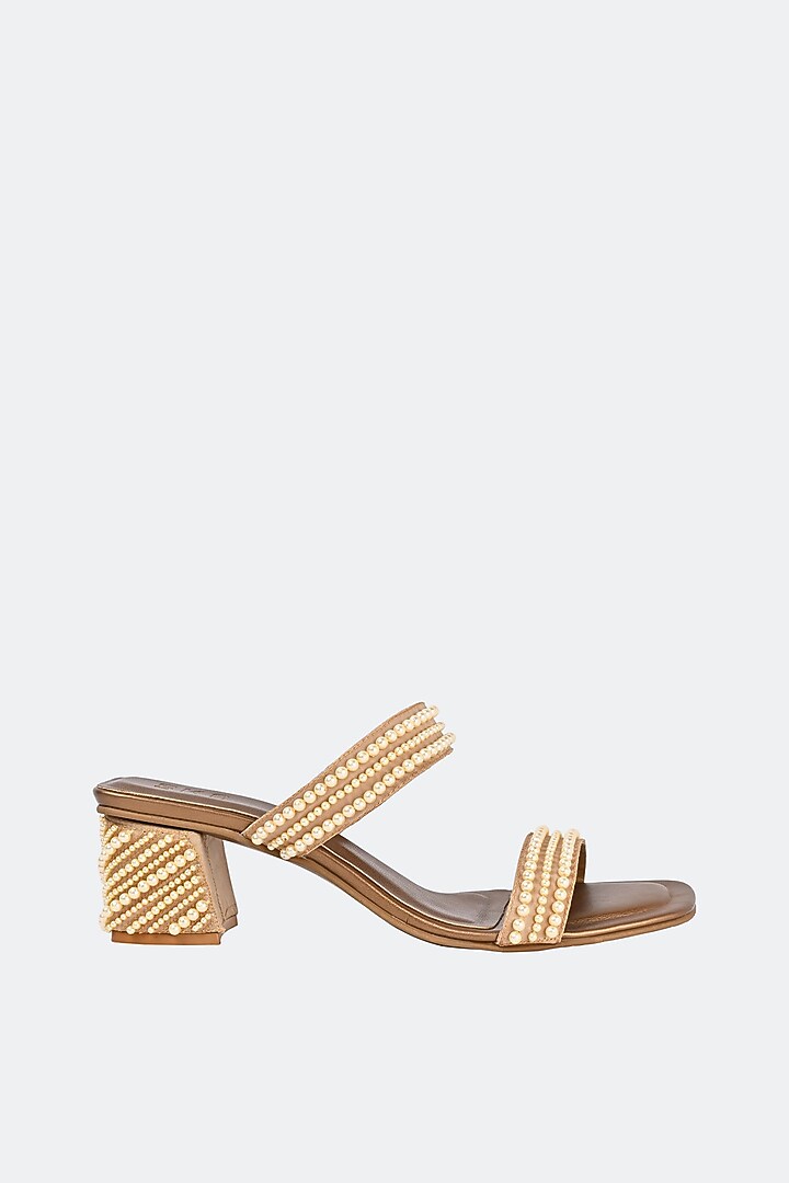 Brown Leather Pearl Hand Embroidered Heels by SKO at Pernia's Pop Up Shop