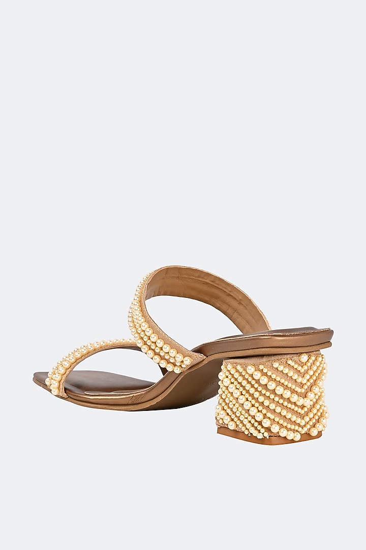 Brown Leather Pearl Hand Embroidered Heels by SKO at Pernia's Pop Up Shop