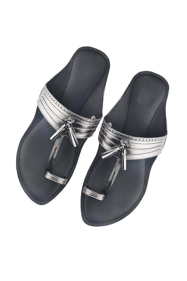 Silver & Black Kolhapuri Flats by SKO at Pernia's Pop Up Shop