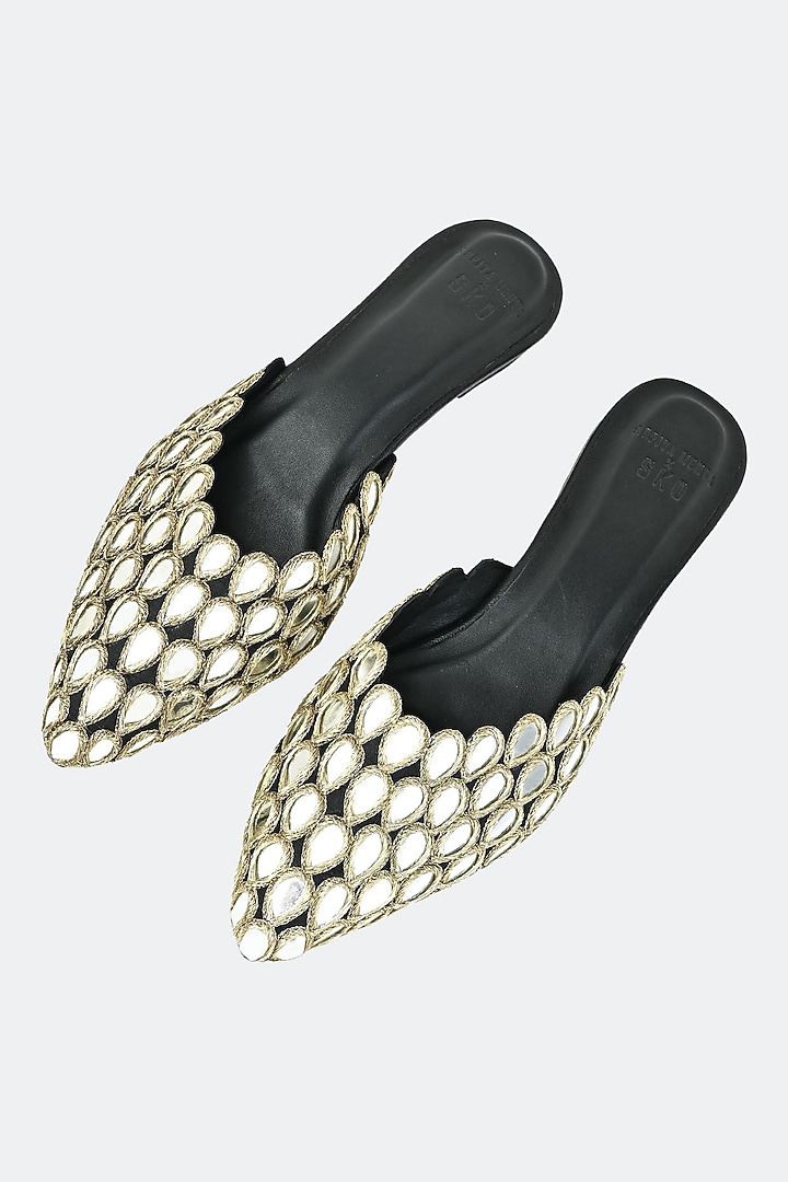 Black Leather & Raw Silk Hand Embroidered Mules by SKO at Pernia's Pop Up Shop
