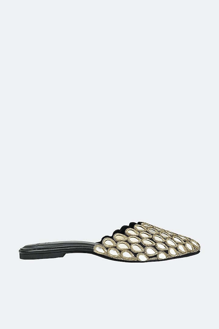 Black Leather & Raw Silk Hand Embroidered Mules by SKO at Pernia's Pop Up Shop