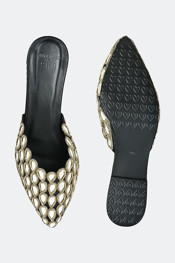 Black Leather & Raw Silk Hand Embroidered Mules by SKO at Pernia's Pop Up Shop