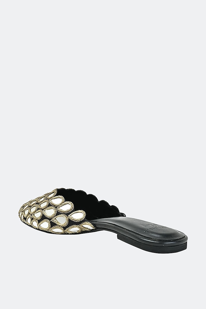 Black Leather & Raw Silk Hand Embroidered Mules by SKO at Pernia's Pop Up Shop