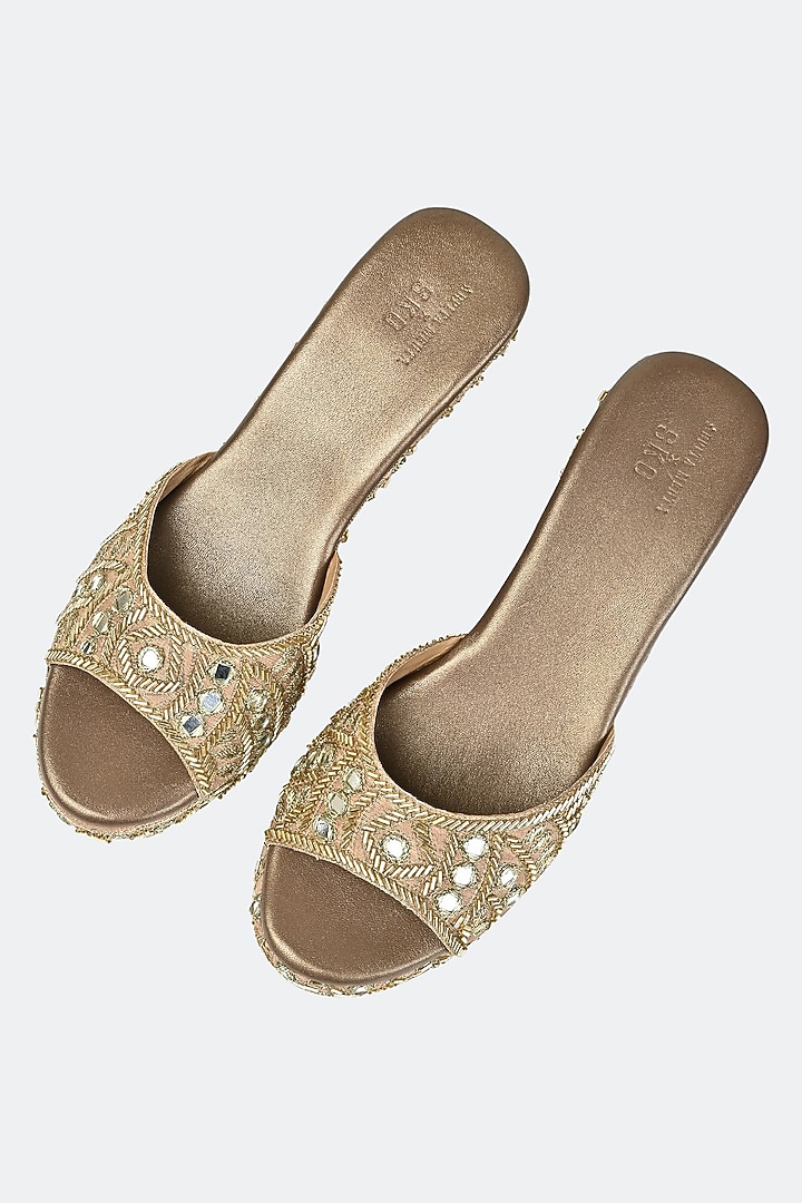 Gold Leather & Raw Silk Mirror Hand Embroidered Heels by SKO at Pernia's Pop Up Shop