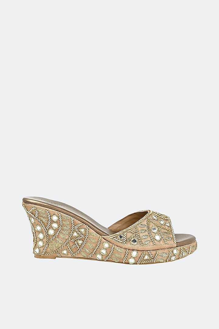 Gold Leather & Raw Silk Mirror Hand Embroidered Heels by SKO at Pernia's Pop Up Shop