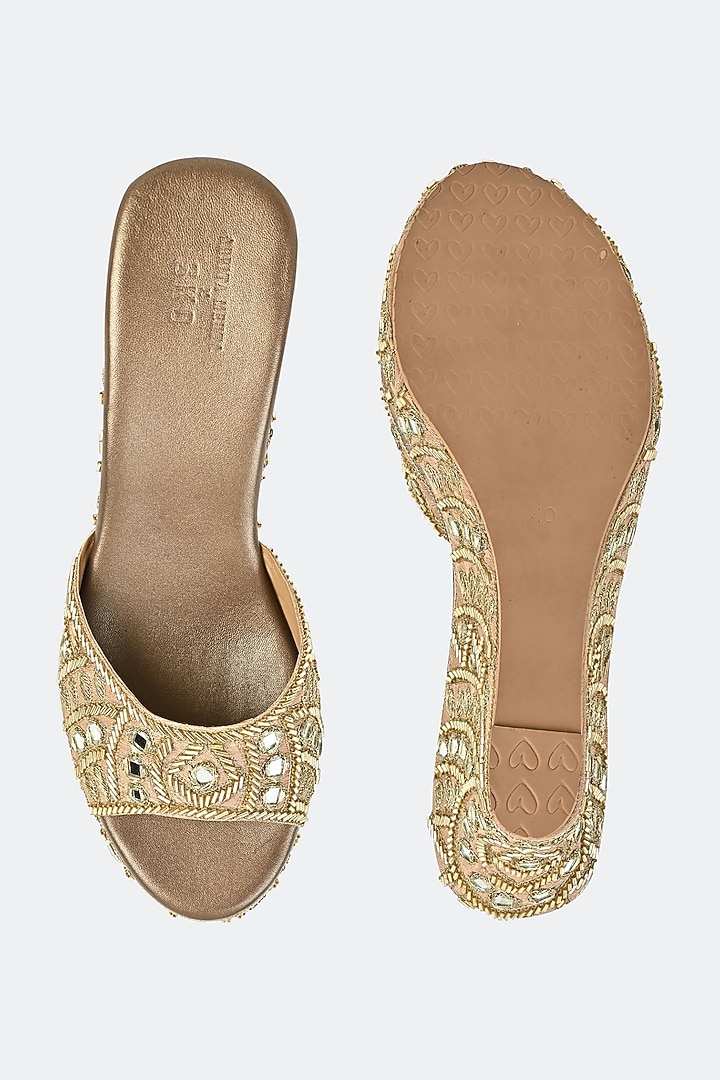 Gold Leather & Raw Silk Mirror Hand Embroidered Heels by SKO at Pernia's Pop Up Shop