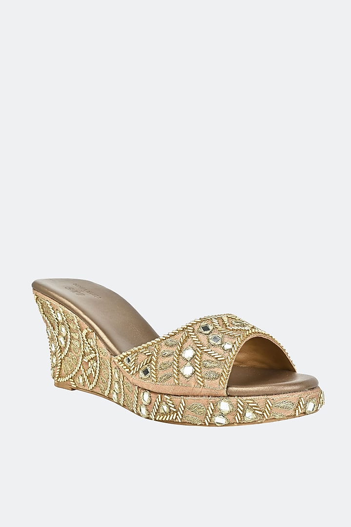 Gold Leather & Raw Silk Mirror Hand Embroidered Heels by SKO at Pernia's Pop Up Shop