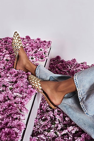 Gold Leather & Raw Silk Hand Embroidered Mules by SKO