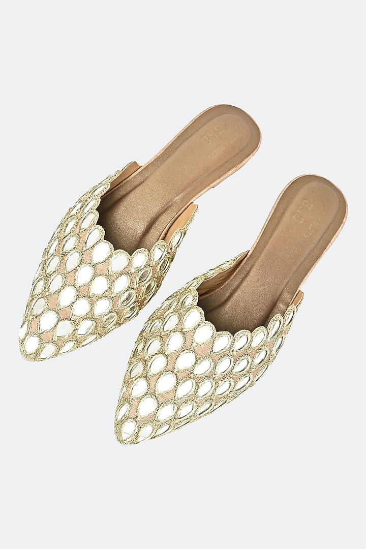 Gold Leather & Raw Silk Hand Embroidered Mules by SKO at Pernia's Pop Up Shop
