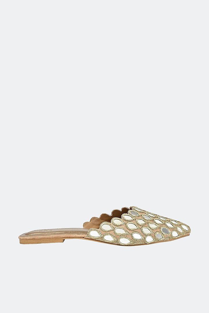 Gold Leather & Raw Silk Hand Embroidered Mules by SKO at Pernia's Pop Up Shop