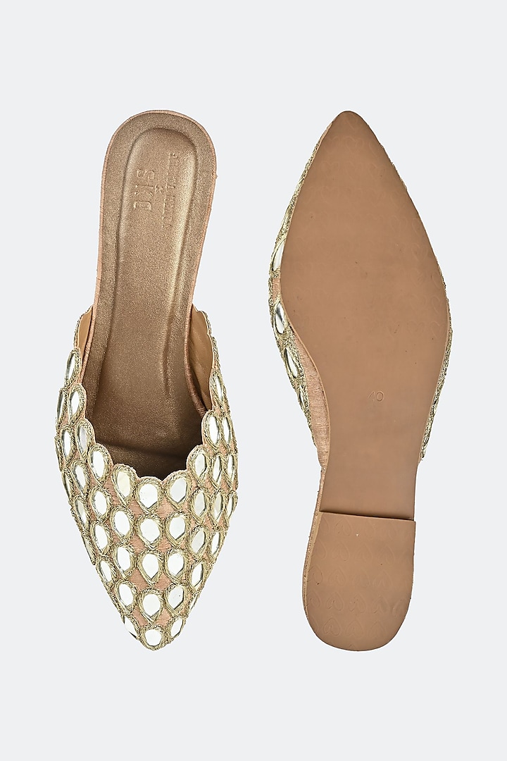 Gold Leather & Raw Silk Hand Embroidered Mules by SKO at Pernia's Pop Up Shop