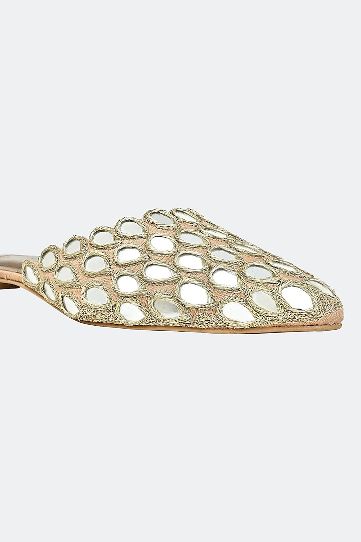Gold Leather & Raw Silk Hand Embroidered Mules by SKO at Pernia's Pop Up Shop