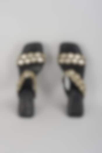 Black Raw Silk Mirror Hand Embroidered Heels by SKO at Pernia's Pop Up Shop