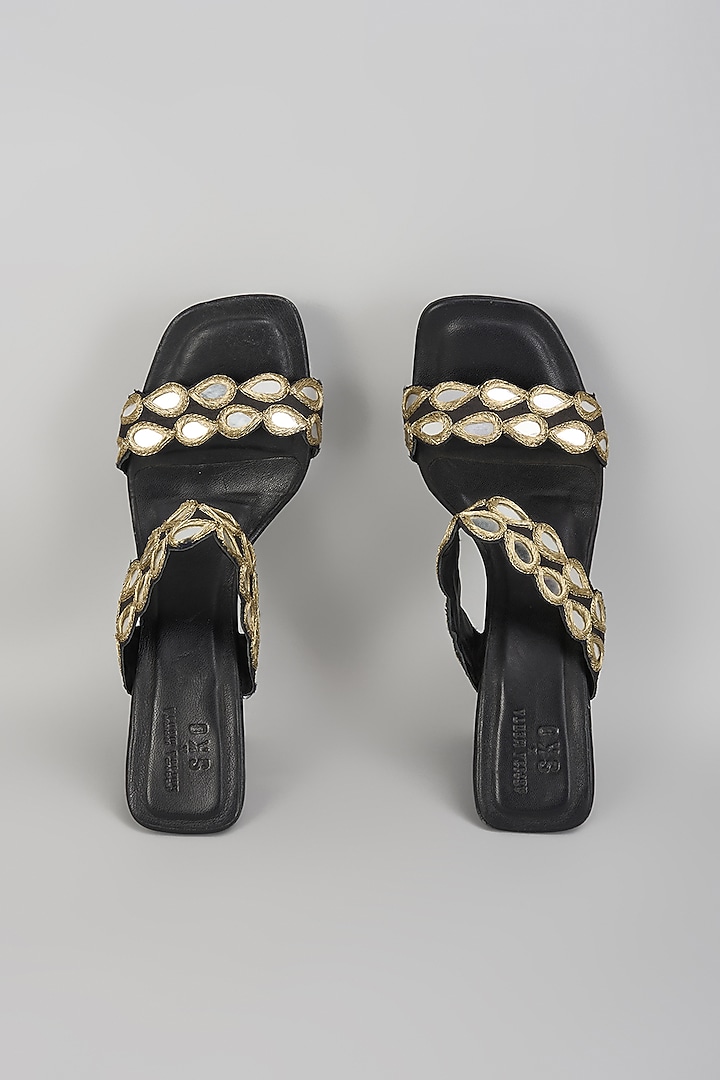 Black Raw Silk Mirror Hand Embroidered Heels by SKO at Pernia's Pop Up Shop