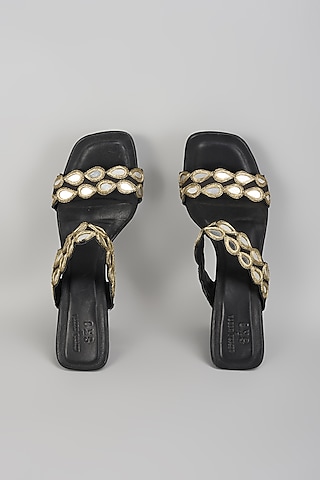 Black Raw Silk Mirror Hand Embroidered Heels by SKO