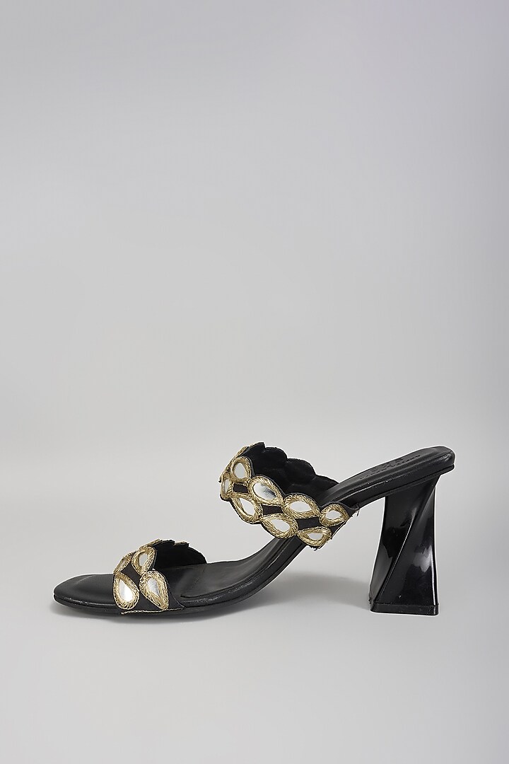 Black Raw Silk Mirror Hand Embroidered Heels by SKO at Pernia's Pop Up Shop