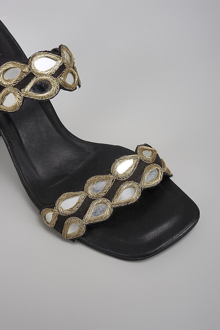 Black Raw Silk Mirror Hand Embroidered Heels by SKO at Pernia's Pop Up Shop