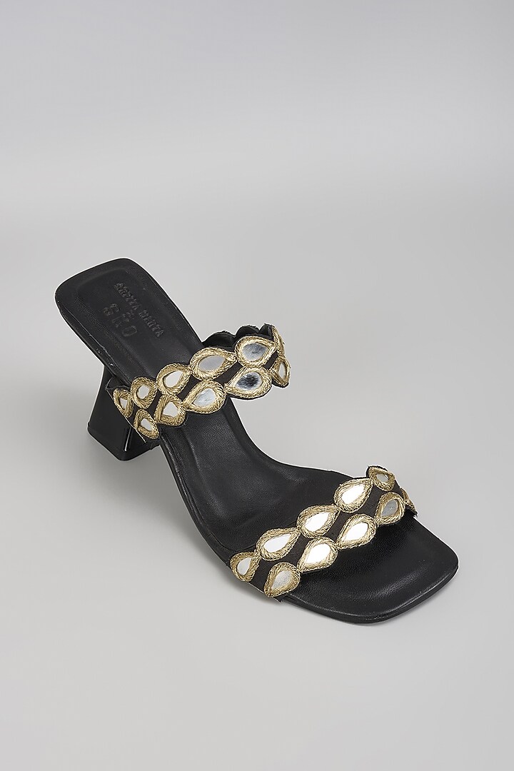 Black Raw Silk Mirror Hand Embroidered Heels by SKO at Pernia's Pop Up Shop