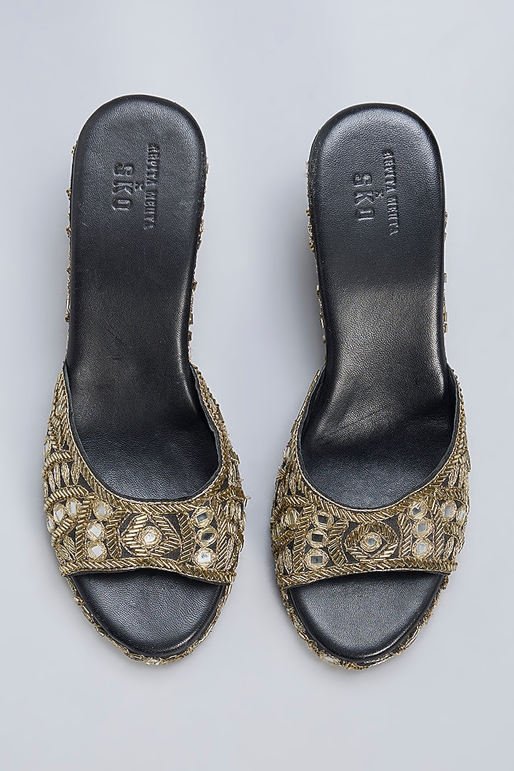 Black Leather & Raw Silk Mirror Hand Embroidered Heels by SKO at Pernia's Pop Up Shop