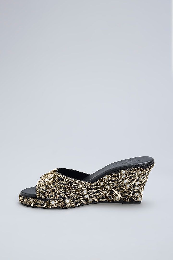 Black Leather & Raw Silk Mirror Hand Embroidered Heels by SKO at Pernia's Pop Up Shop