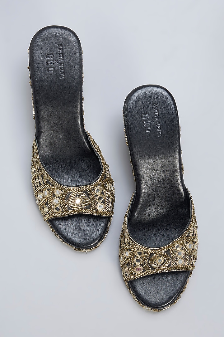 Black Leather & Raw Silk Mirror Hand Embroidered Heels by SKO at Pernia's Pop Up Shop