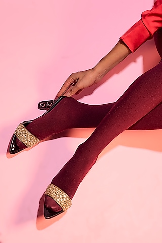 Black Leather & Raw Silk Mirror Embroidered Heels by SKO