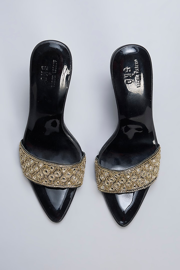 Black Leather & Raw Silk Mirror Embroidered Heels by SKO at Pernia's Pop Up Shop