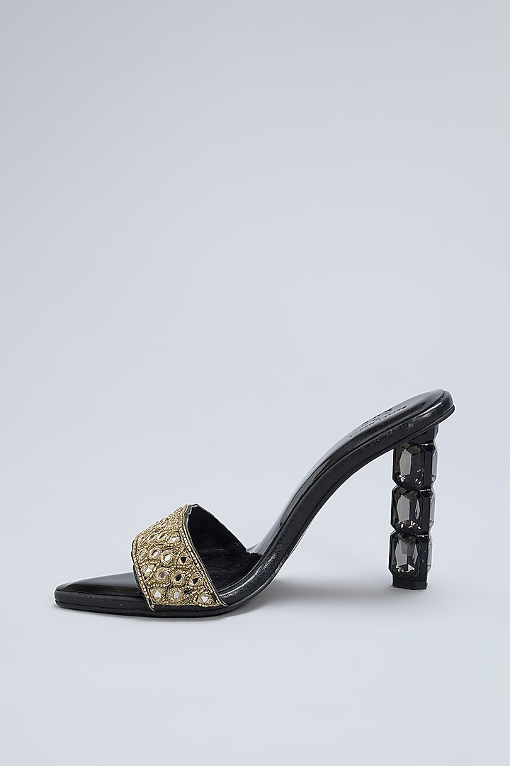 Black Leather & Raw Silk Mirror Embroidered Heels by SKO at Pernia's Pop Up Shop