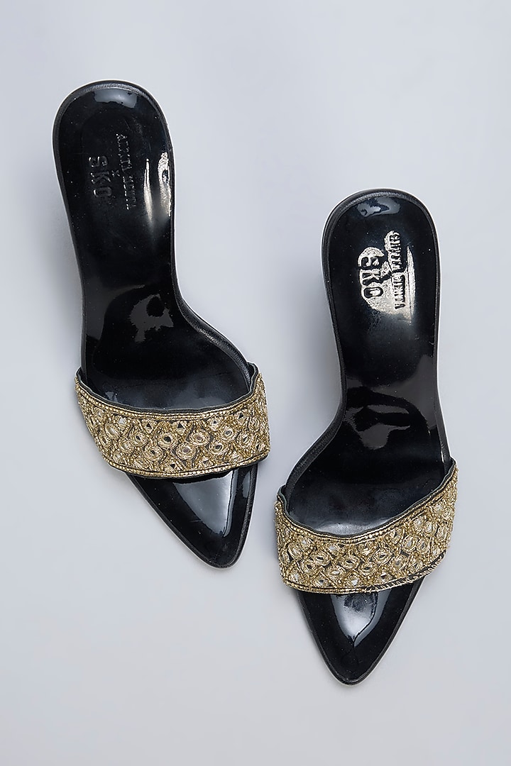 Black Leather & Raw Silk Mirror Embroidered Heels by SKO at Pernia's Pop Up Shop