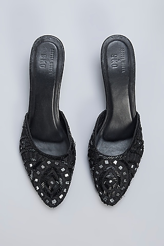 Black Leather & Raw Silk Mirror Hand Embroidered Mules by SKO