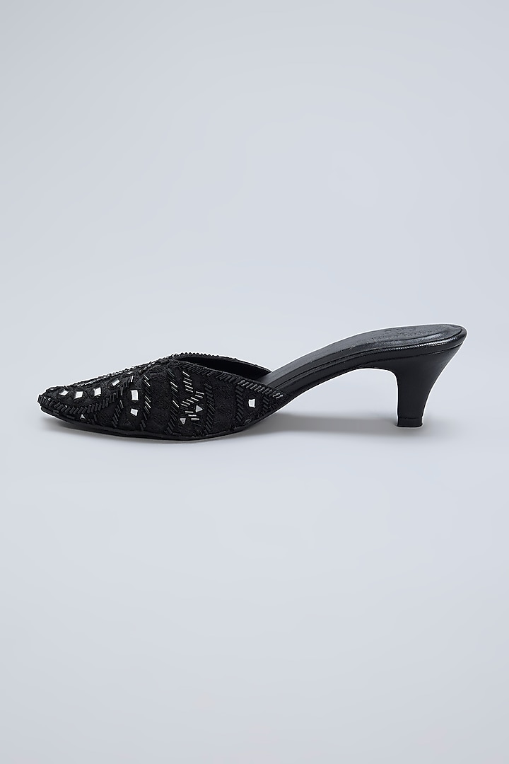 Black Leather & Raw Silk Mirror Hand Embroidered Mules by SKO at Pernia's Pop Up Shop