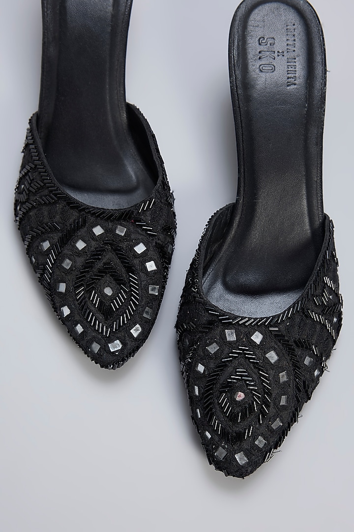 Black Leather & Raw Silk Mirror Hand Embroidered Mules by SKO at Pernia's Pop Up Shop