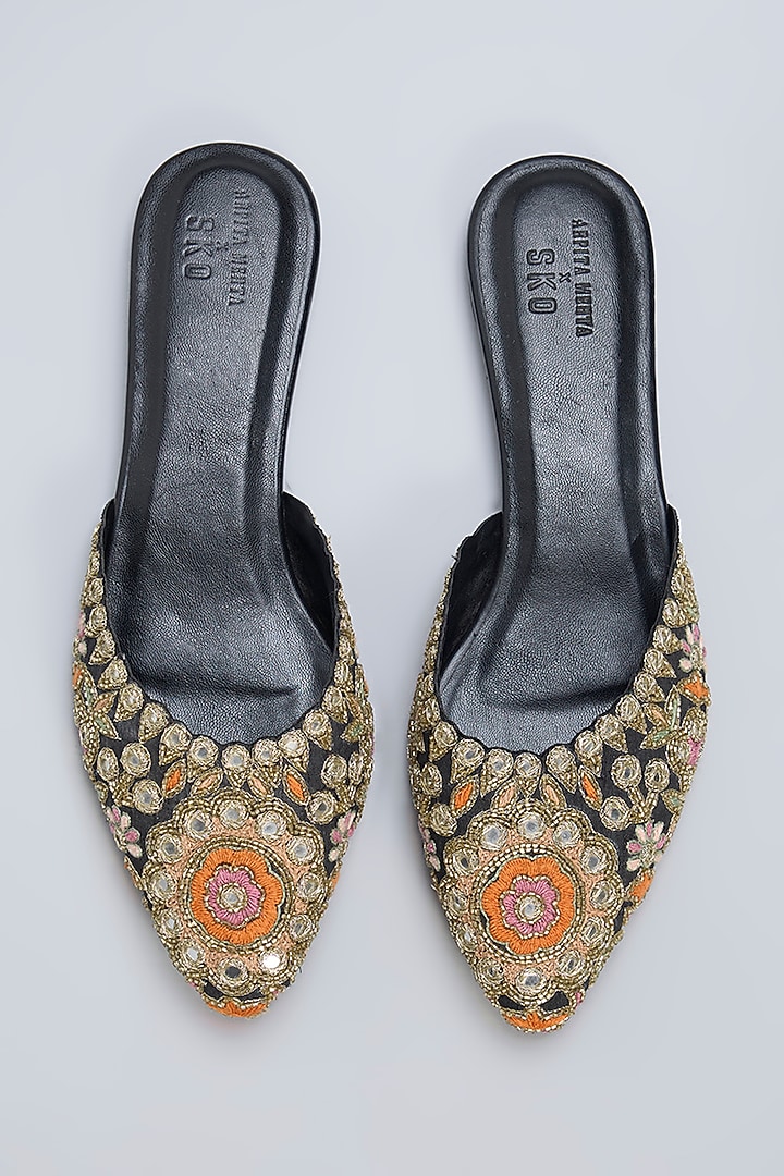 Black Leather Chand Embroidered Mules by SKO at Pernia's Pop Up Shop