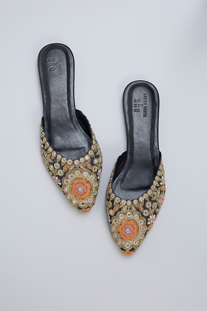 Black Leather Chand Embroidered Mules by SKO at Pernia's Pop Up Shop