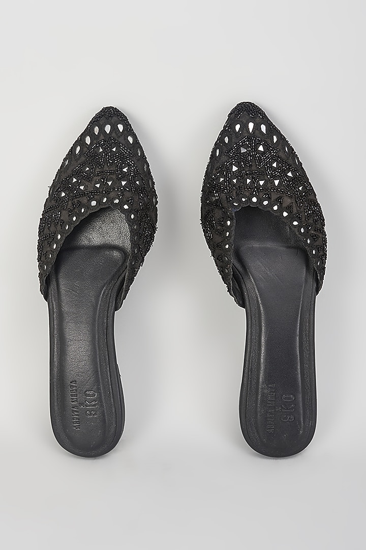 Black Leather & Raw Silk Hand Embroidered Mules by SKO at Pernia's Pop Up Shop