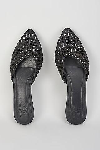 Black Leather & Raw Silk Hand Embroidered Mules by SKO