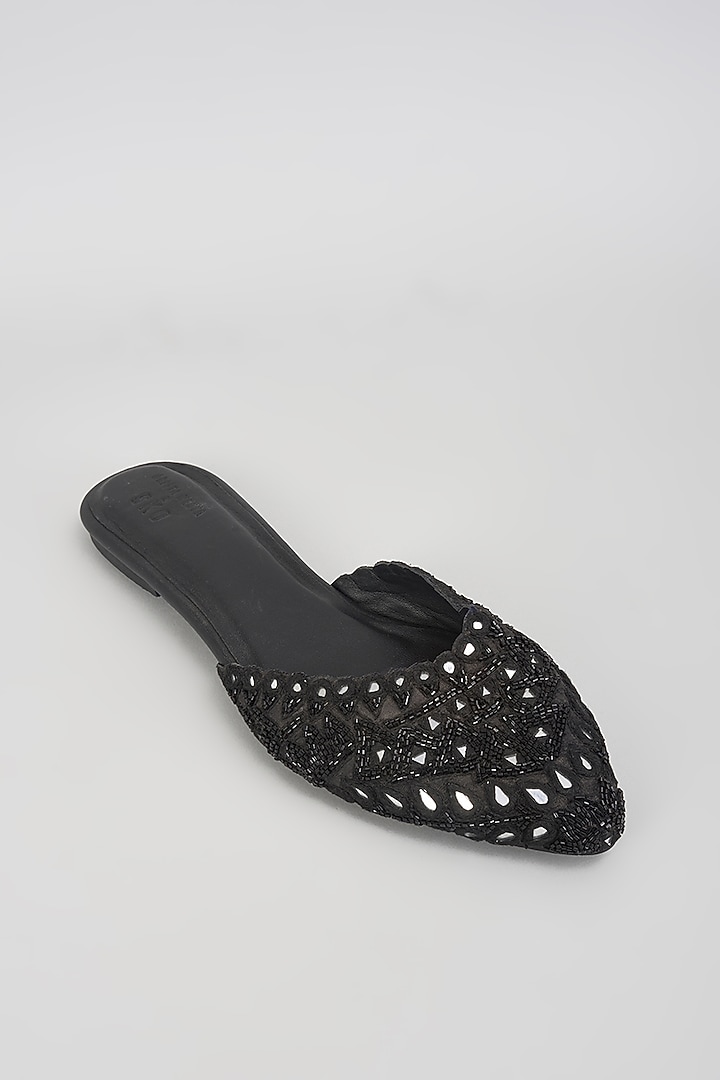 Black Leather & Raw Silk Hand Embroidered Mules by SKO at Pernia's Pop Up Shop