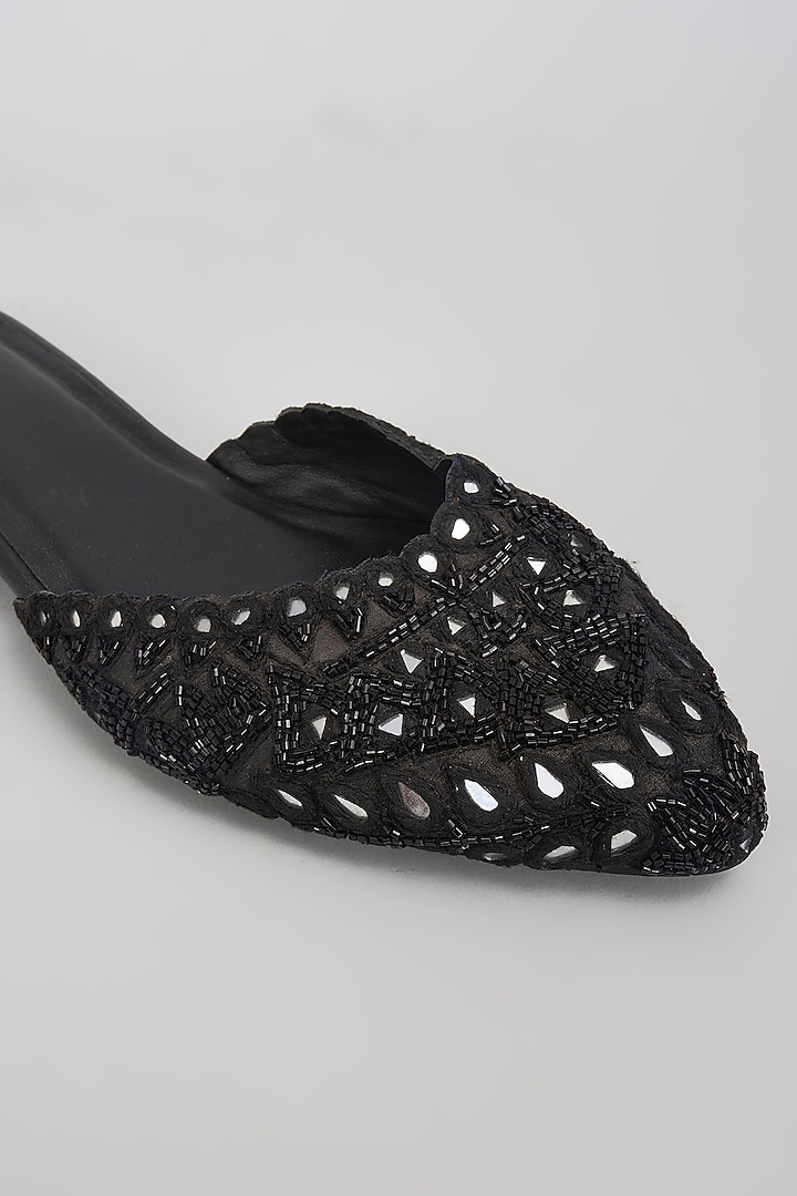 Black Leather & Raw Silk Hand Embroidered Mules by SKO at Pernia's Pop Up Shop