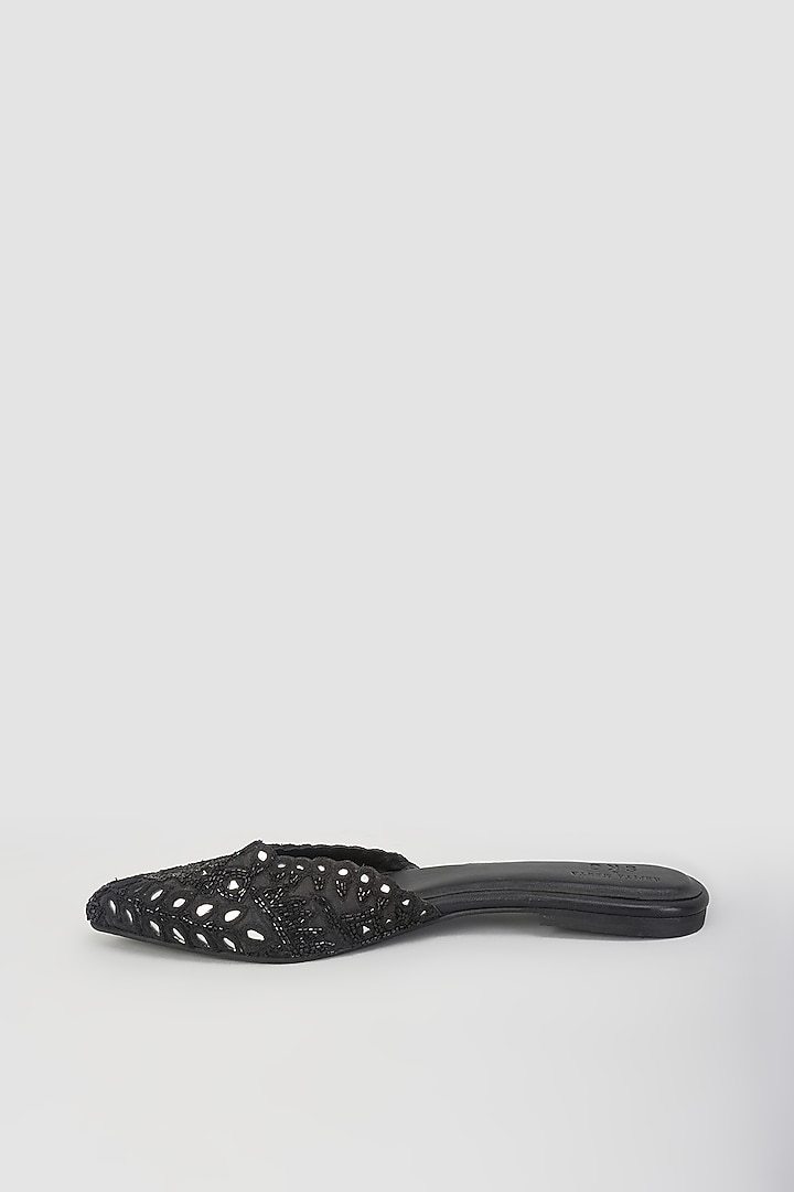 Black Leather & Raw Silk Hand Embroidered Mules by SKO at Pernia's Pop Up Shop