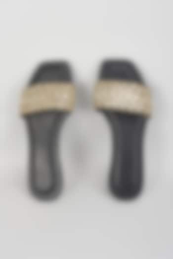 Black Leather & Raw Silk Hand Embroidered Flats by SKO at Pernia's Pop Up Shop