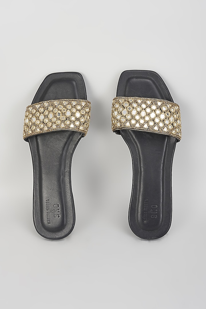 Black Leather & Raw Silk Hand Embroidered Flats by SKO at Pernia's Pop Up Shop