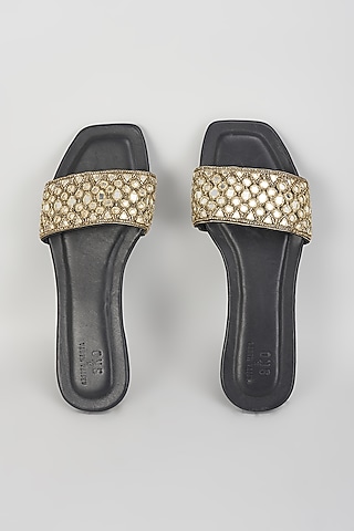 Black Leather & Raw Silk Hand Embroidered Flats by SKO
