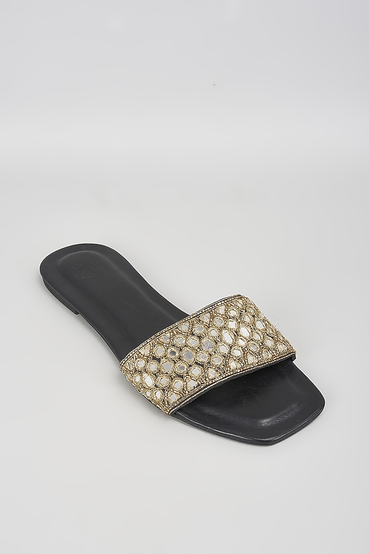 Black Leather & Raw Silk Hand Embroidered Flats by SKO at Pernia's Pop Up Shop