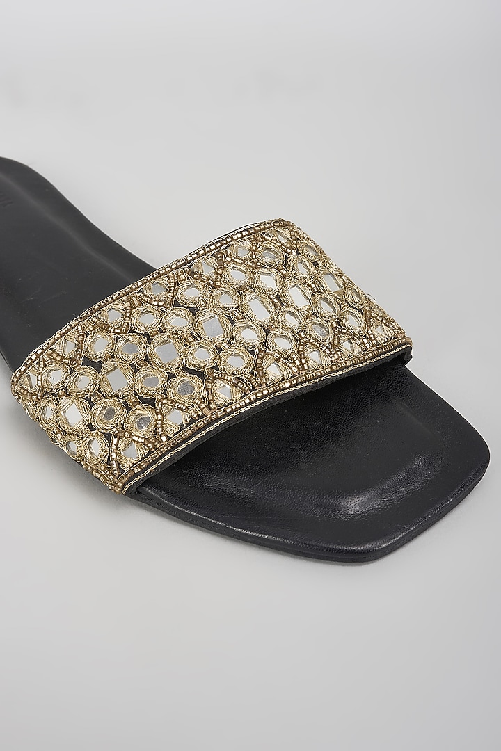 Black Leather & Raw Silk Hand Embroidered Flats by SKO at Pernia's Pop Up Shop