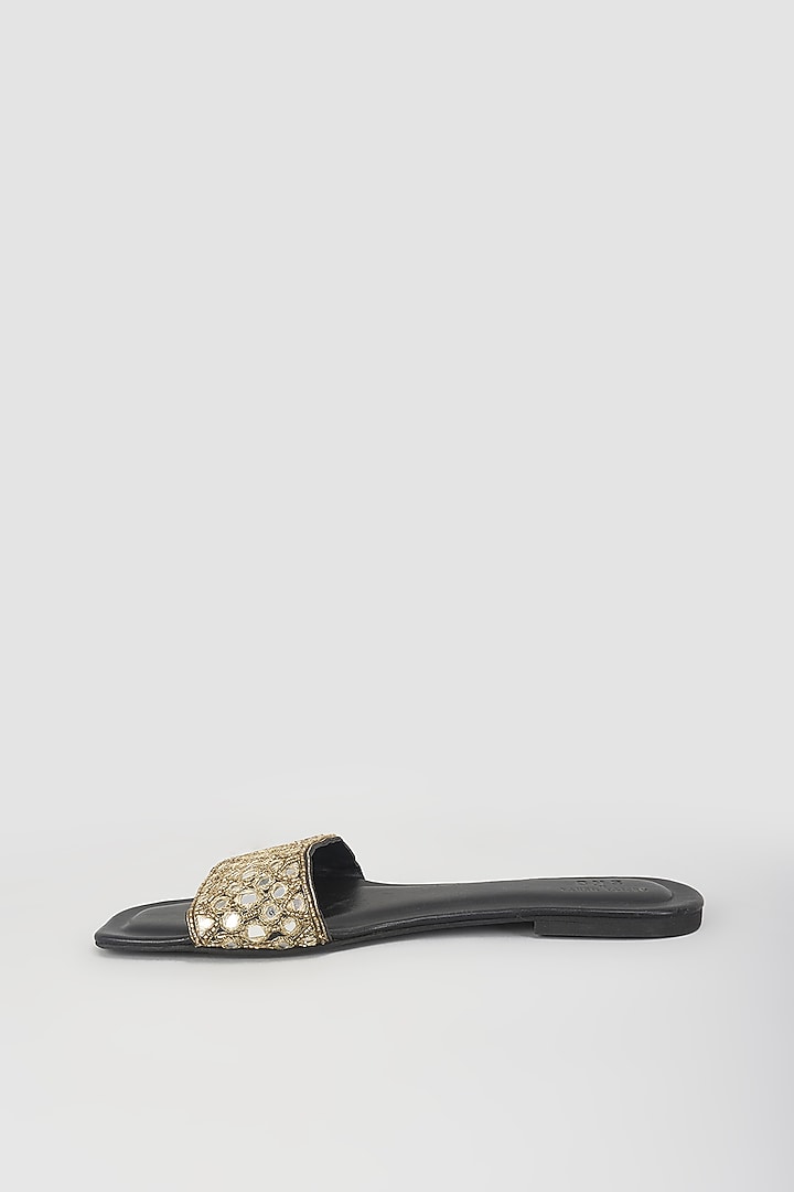 Black Leather & Raw Silk Hand Embroidered Flats by SKO at Pernia's Pop Up Shop