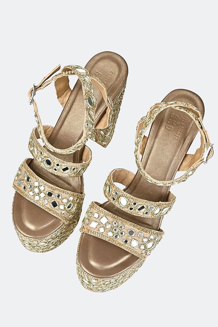 Gold Raw Silk & Leather Hand Embroidered Heels by SKO at Pernia's Pop Up Shop