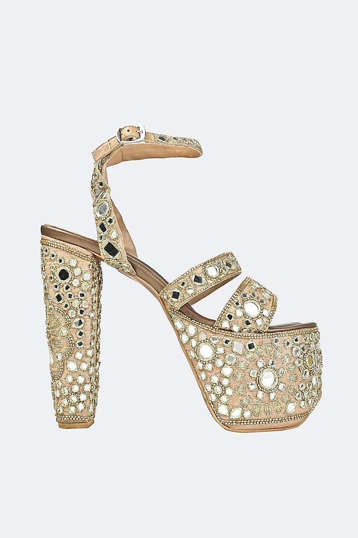 Gold Raw Silk & Leather Hand Embroidered Heels by SKO at Pernia's Pop Up Shop