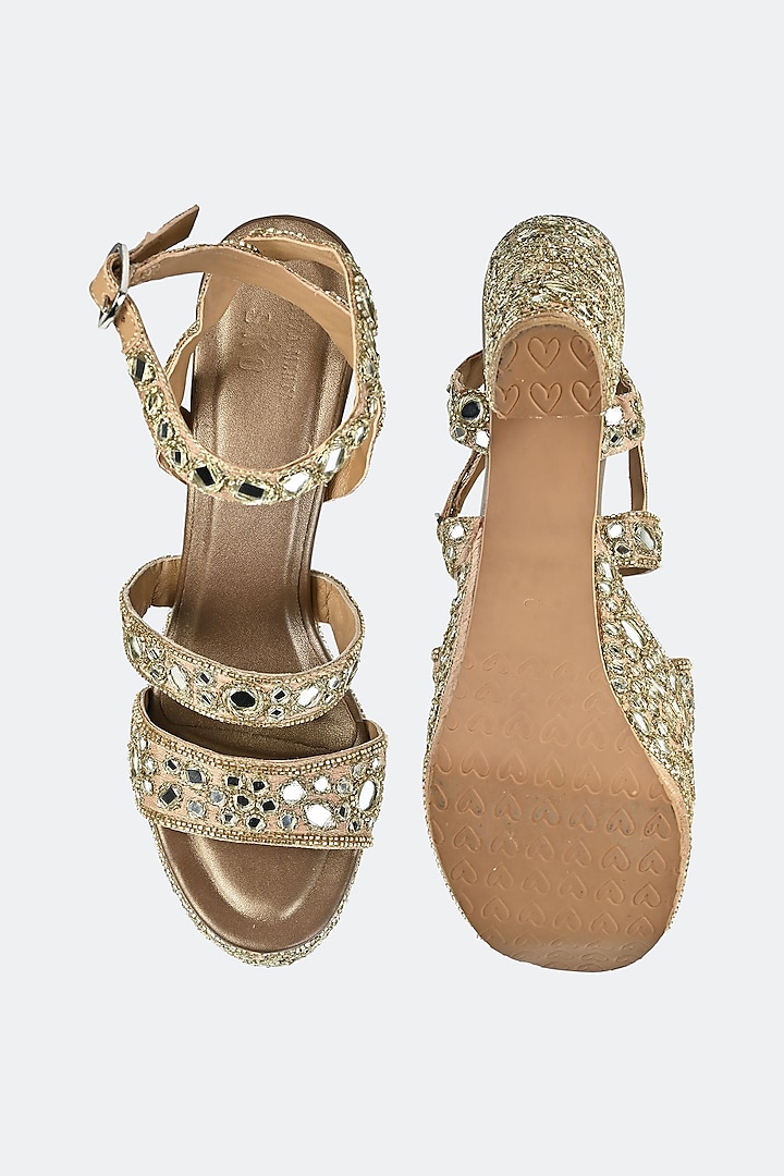 Gold Raw Silk & Leather Hand Embroidered Heels by SKO at Pernia's Pop Up Shop