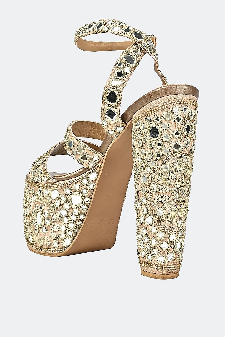 Gold Raw Silk & Leather Hand Embroidered Heels by SKO at Pernia's Pop Up Shop